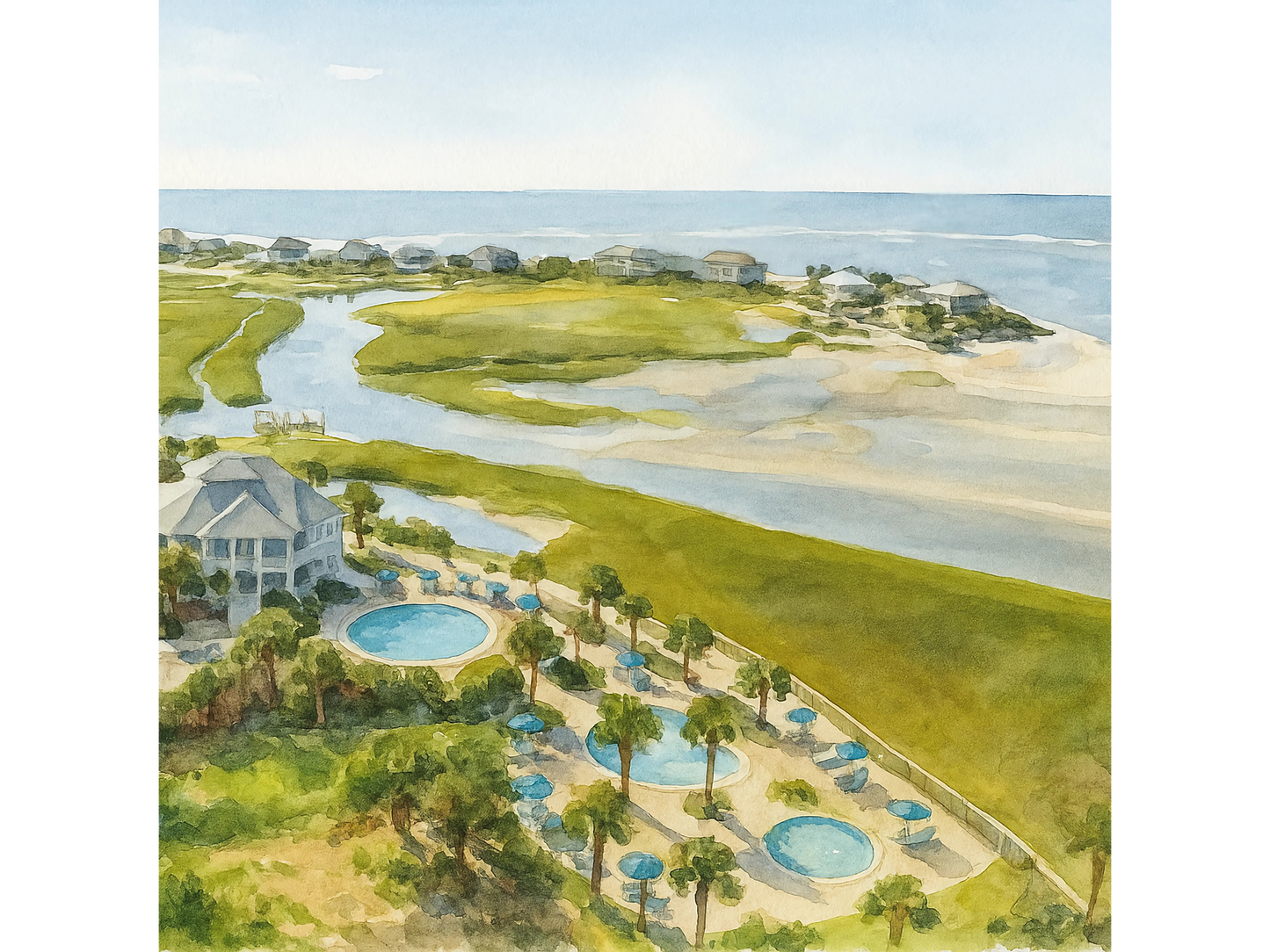 Fripp Island Cabana Club – Coastal Aerial Watercolor Canvas Print