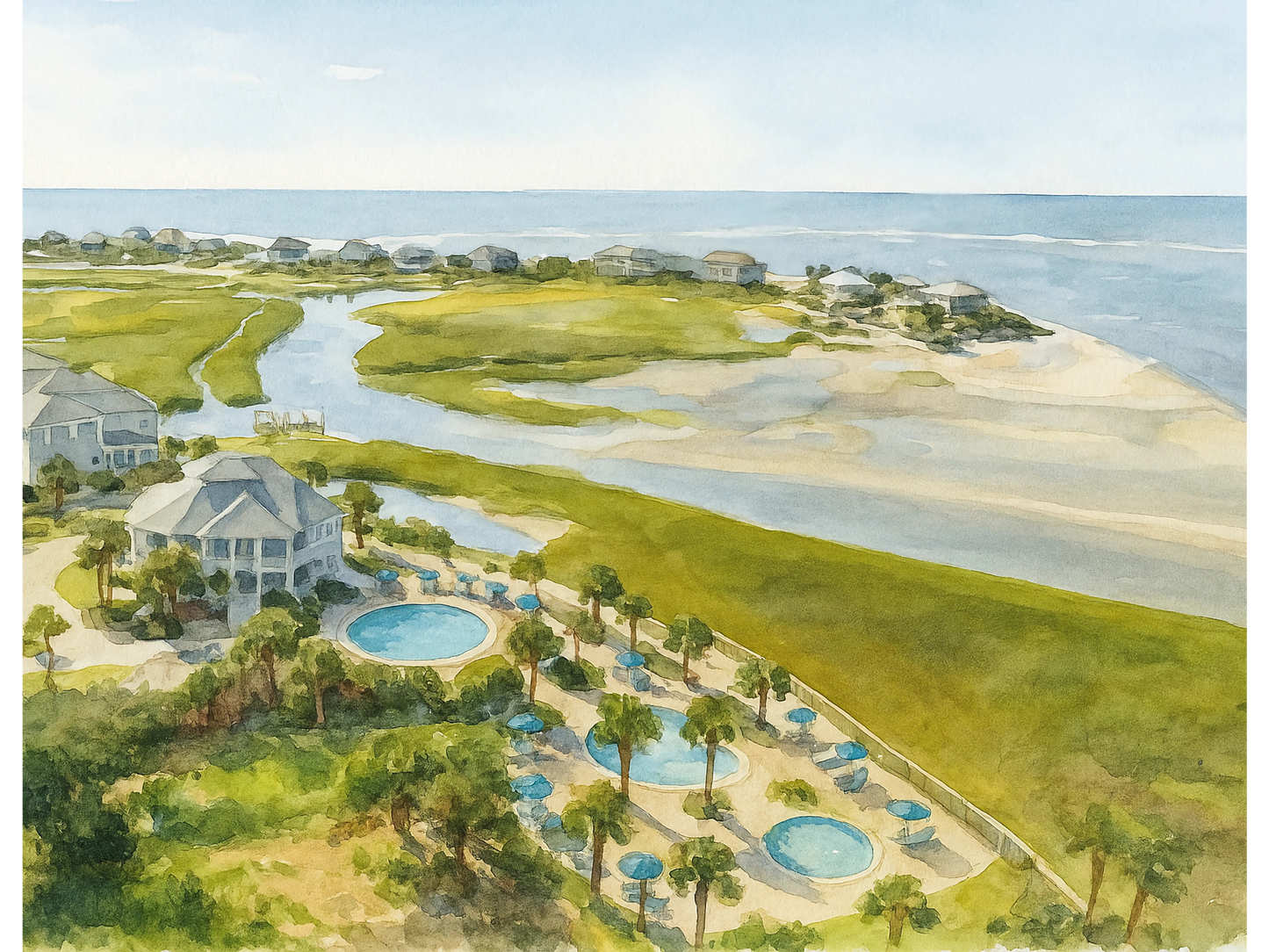 Fripp Island Cabana Club – Coastal Aerial Watercolor Canvas Print