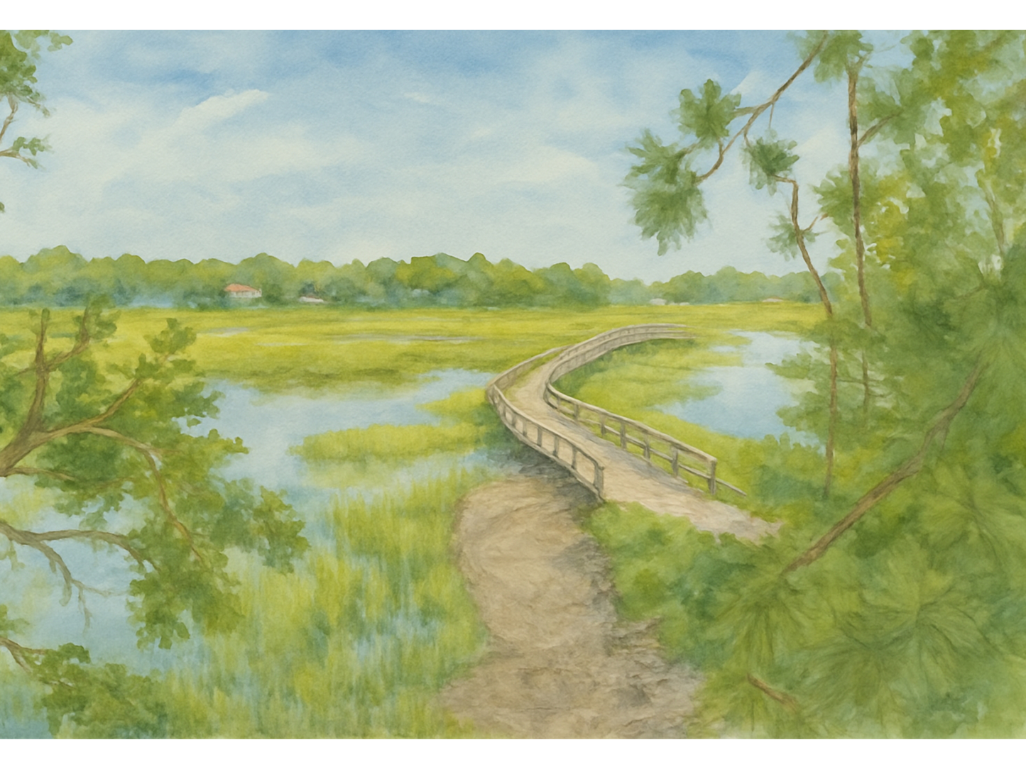 Fripp Island Marsh Boardwalk – Lowcountry Watercolor Canvas Print