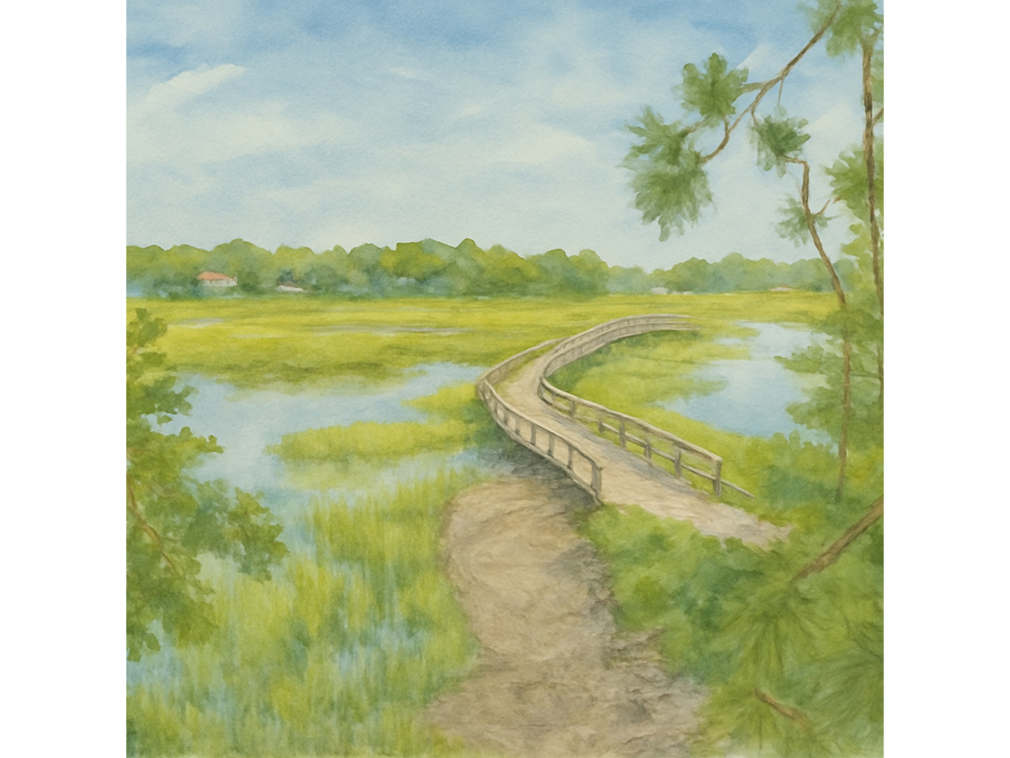 Fripp Island Marsh Boardwalk – Lowcountry Watercolor Canvas Print