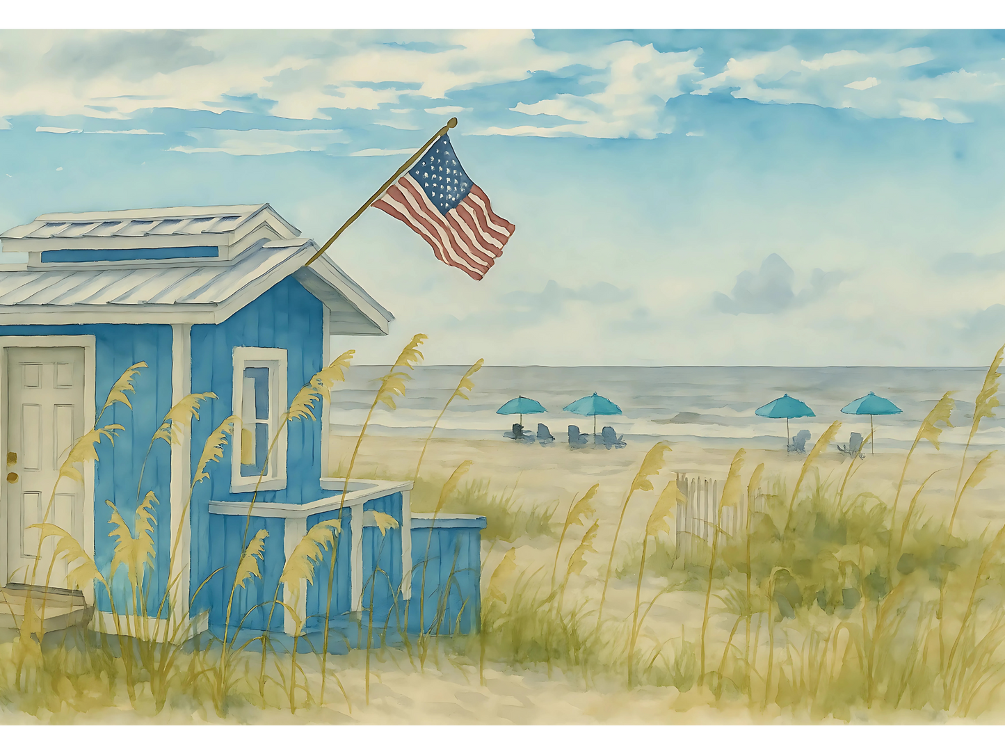 Fripp Island Beach Hut with American Flag – Coastal Watercolor Canvas Print