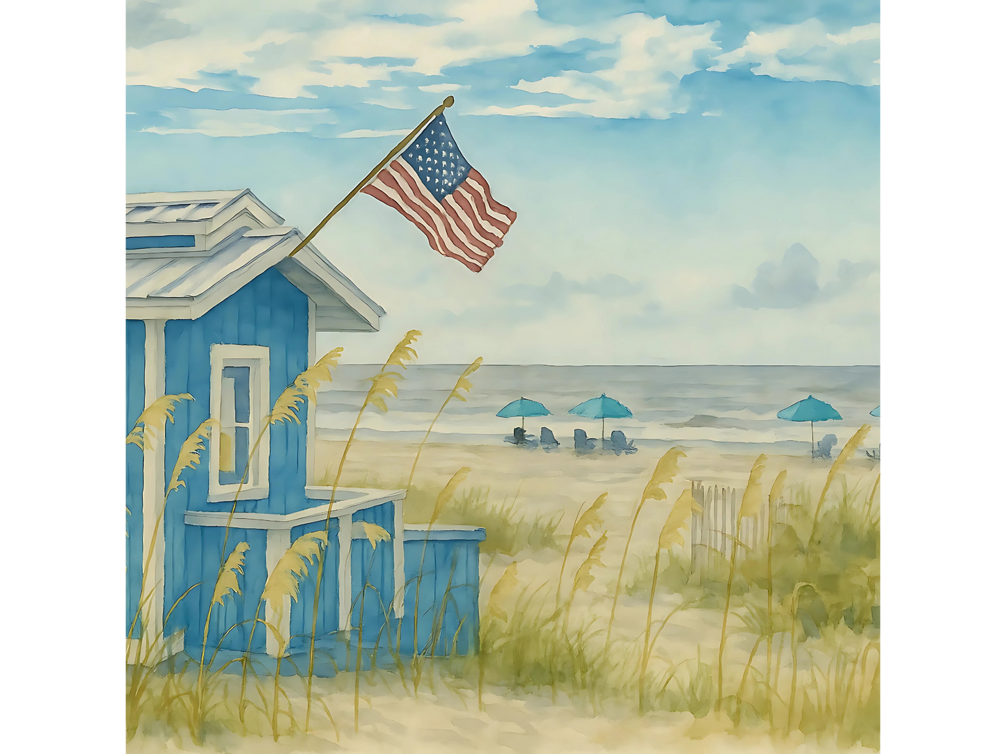 Fripp Island Beach Hut with American Flag – Coastal Watercolor Canvas Print
