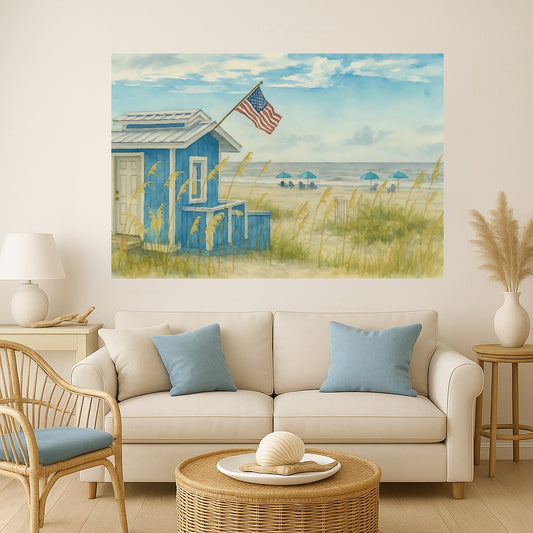 Fripp Island Beach Hut with American Flag – Coastal Watercolor Canvas Print