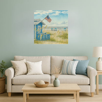 Fripp Island Beach Hut with American Flag – Coastal Watercolor Canvas Print