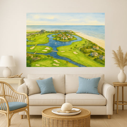 Fripp Island Golf – Ocean Point Aerial Watercolor Canvas Print