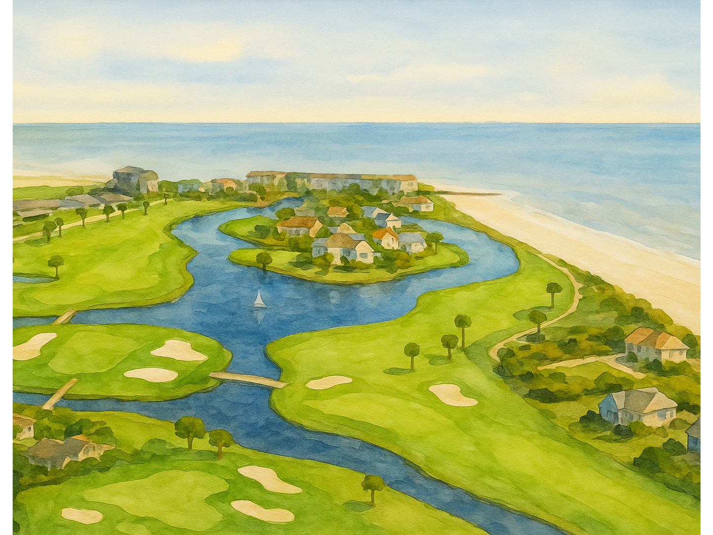 Fripp Island Golf – Ocean Point Aerial Watercolor Canvas Print