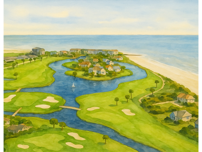 Fripp Island Golf – Ocean Point Aerial Watercolor Canvas Print