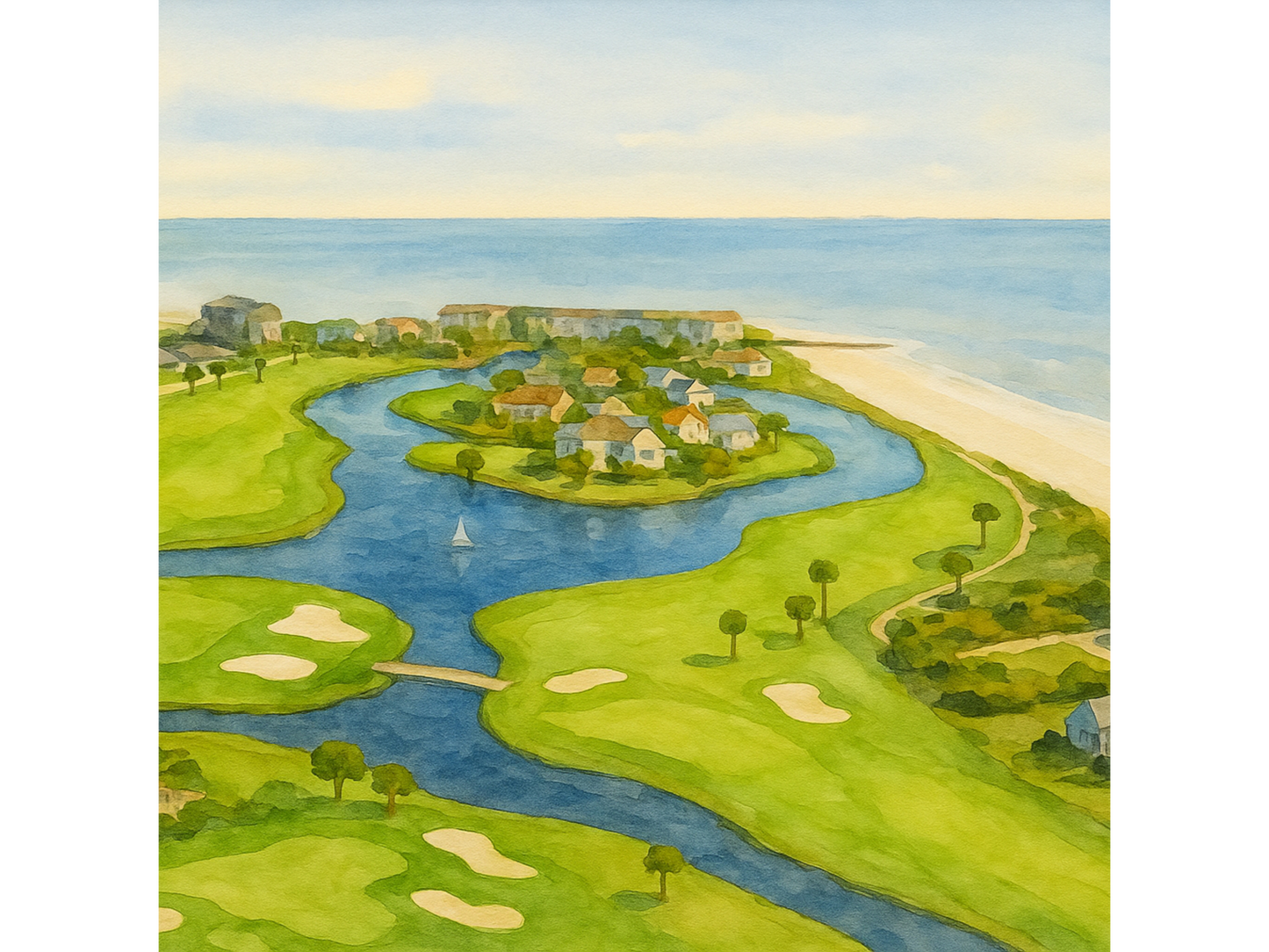 Fripp Island Golf – Ocean Point Aerial Watercolor Canvas Print