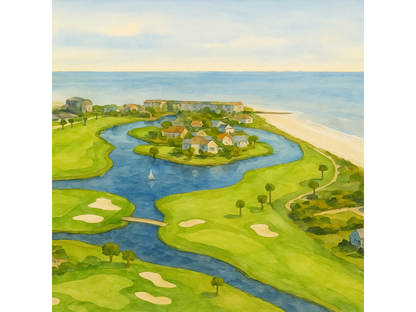 Fripp Island Golf – Ocean Point Aerial Watercolor Canvas Print