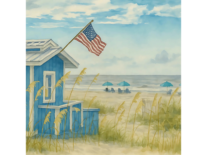 Fripp Island Beach Hut with American Flag – Coastal Watercolor Canvas Print